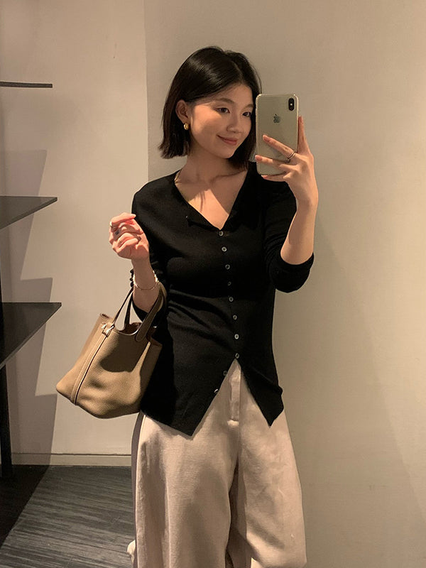 Merino Wool V-Neck Knit Cardigan R31164