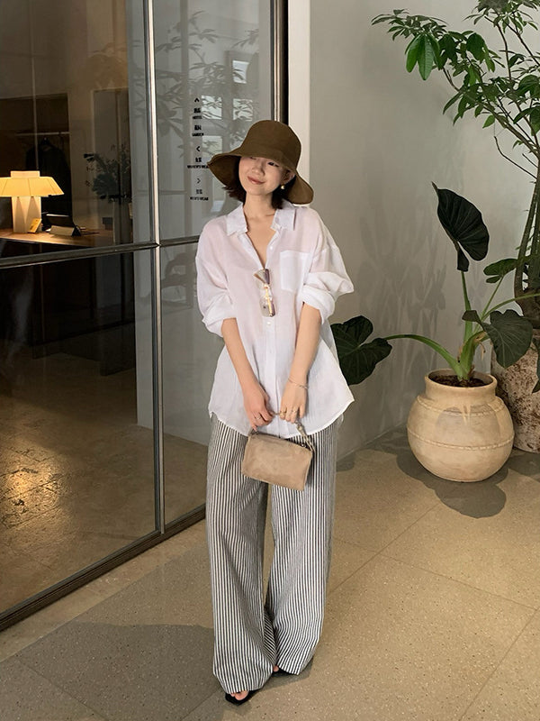 Ramie Lapel Long Sleeve Shirt R31153