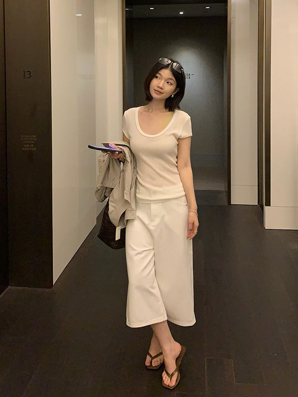 Linen U-neck Short Sleeve Knit Top R31132