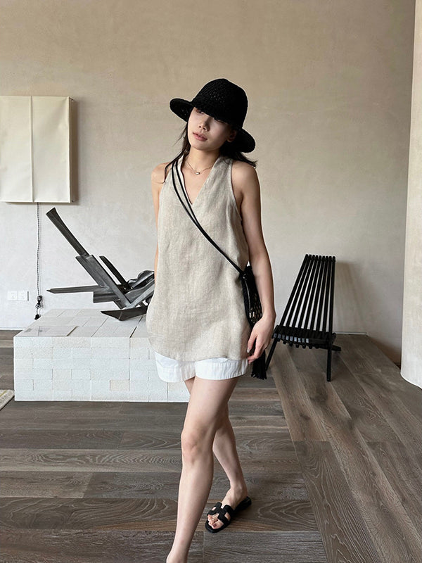 Linen V-neck Sleeveless Top R31110