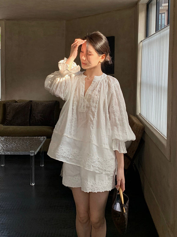 Lace Flare Sleeve Ramie Top & Shorts Set R31142