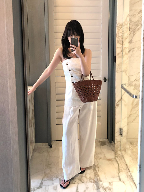 Linen Button Bandeau Top & Wide-Leg Pants Set R31160