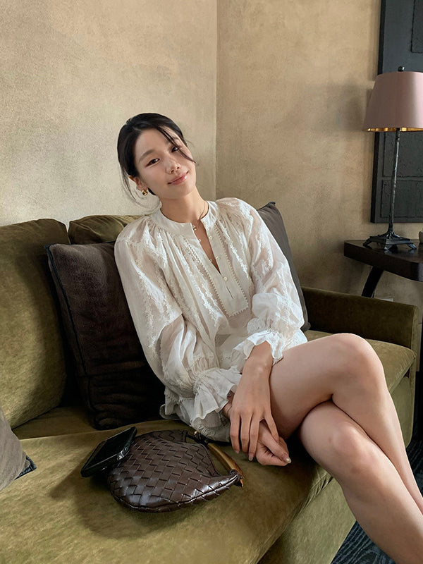 Lace Flare Sleeve Ramie Top & Shorts Set R31142