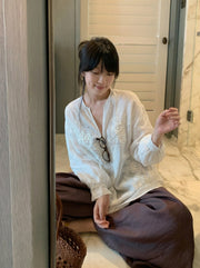 Embroidered Beaded V-neck Linen Top R31102