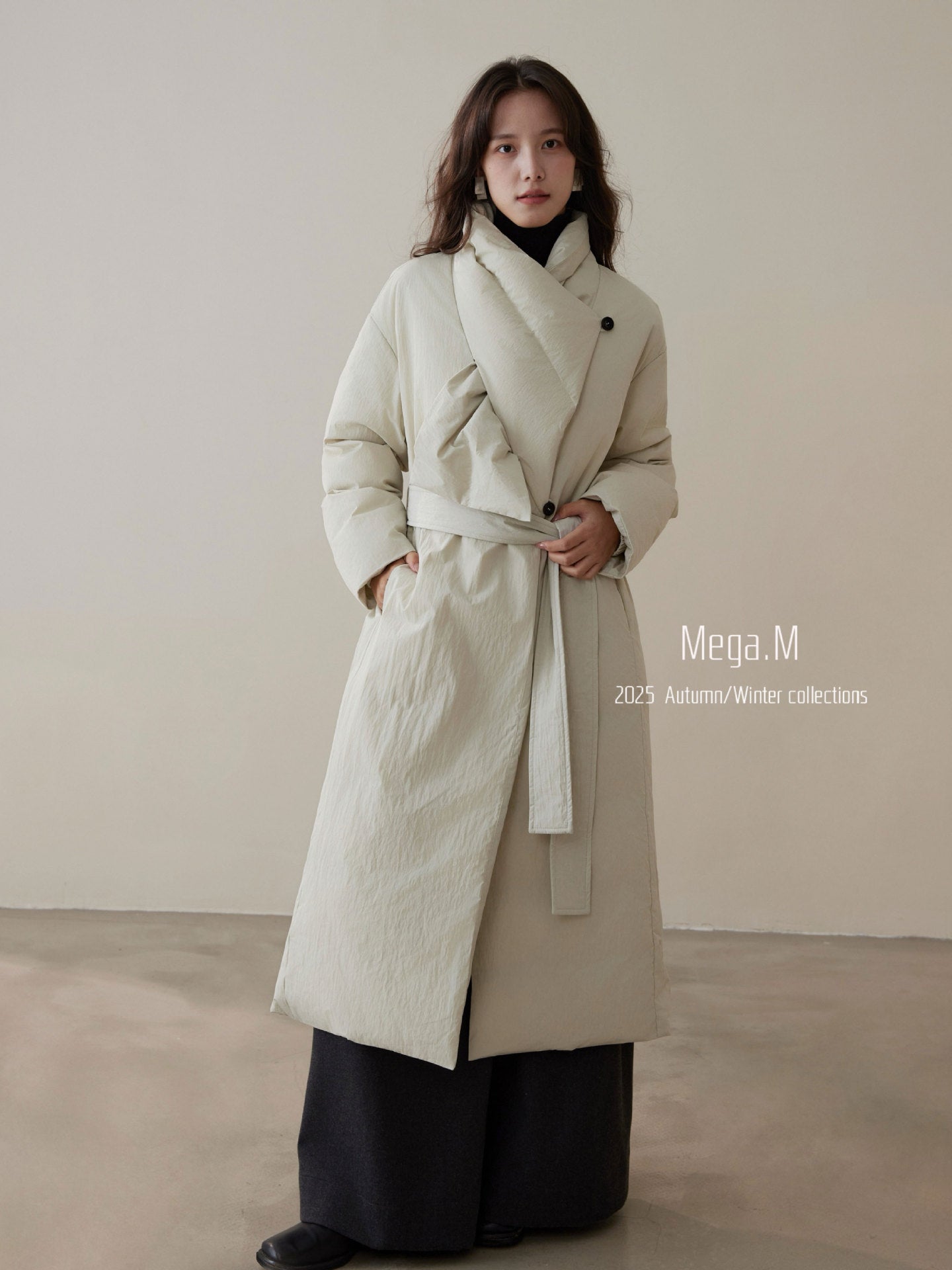 Mega. M Winter Minimalist 90 White Duck Down Loose Bread Jacket Over Knee Scarf Medium and Long Down Jacket Women