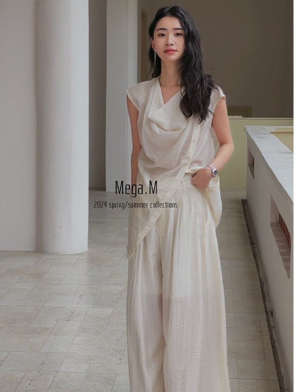 Mega. M Thirteen Lines 2025 French Old Money Wind Lazy Sense Loose Sleeveless Two-piece Wide Leg Pants Suit Women