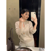 Ribbed Texture Stand Collar Zip Cardigan R31136