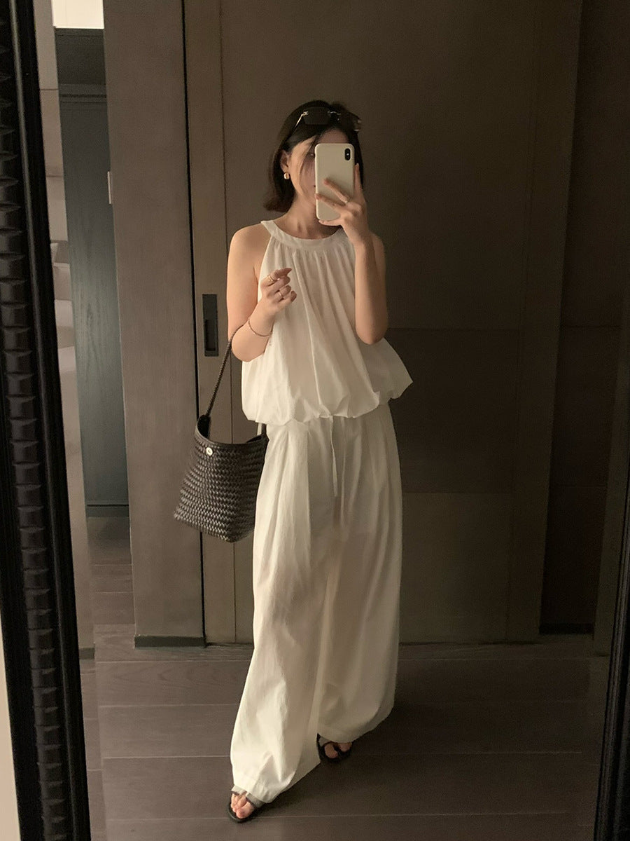 Bubble Pleated Top & Wide-leg Pants Set R31120