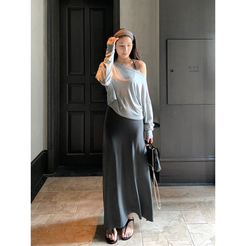 Asymmetrical Long Sleeve Top & Slip Dress Set R31181