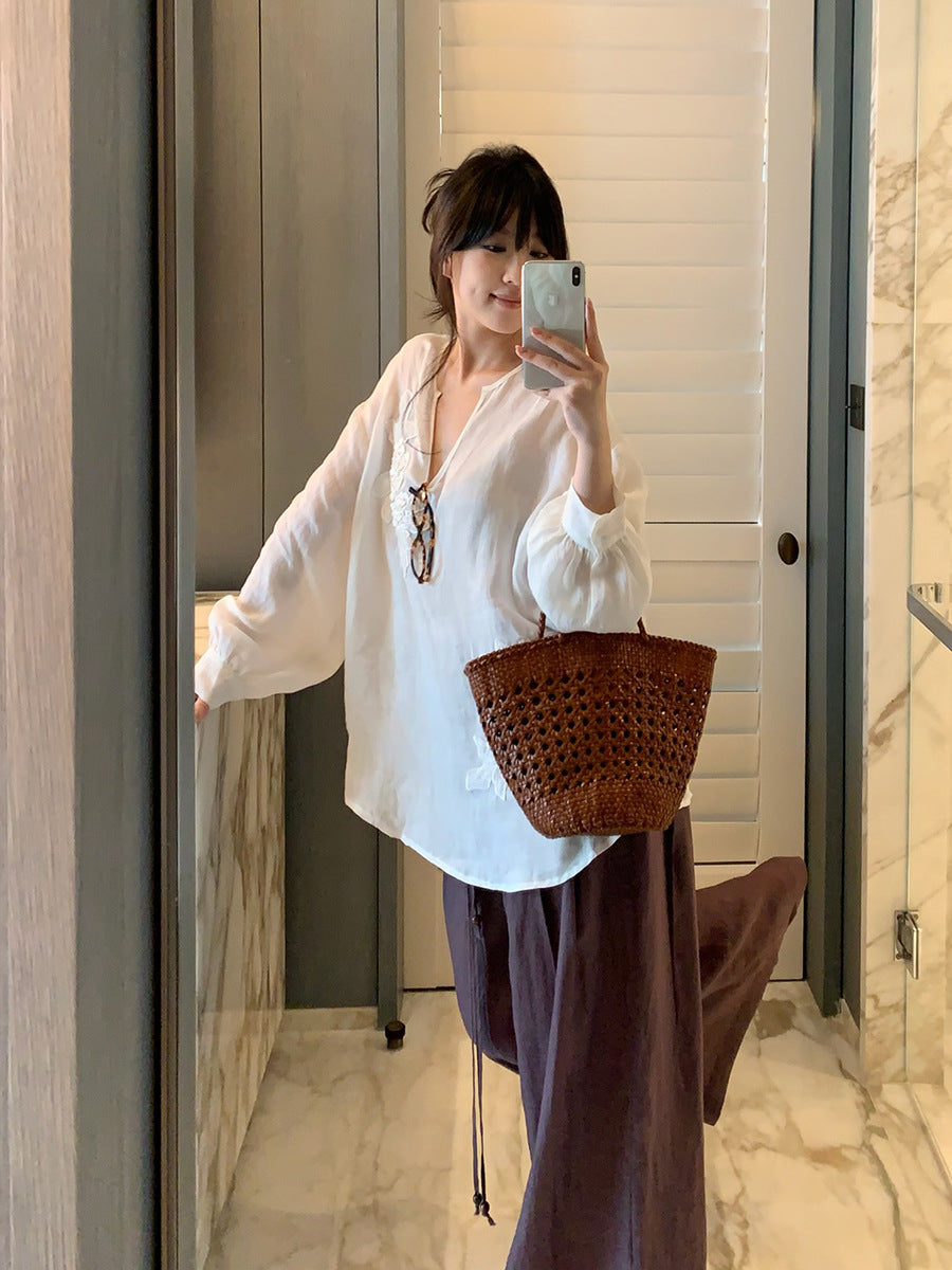 Embroidered Beaded V-neck Linen Top R31102