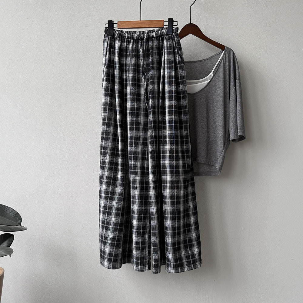 Drawstring Plaid Wide-leg Pants RH013007