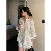 Lace Flare Sleeve Ramie Top & Shorts Set R31142