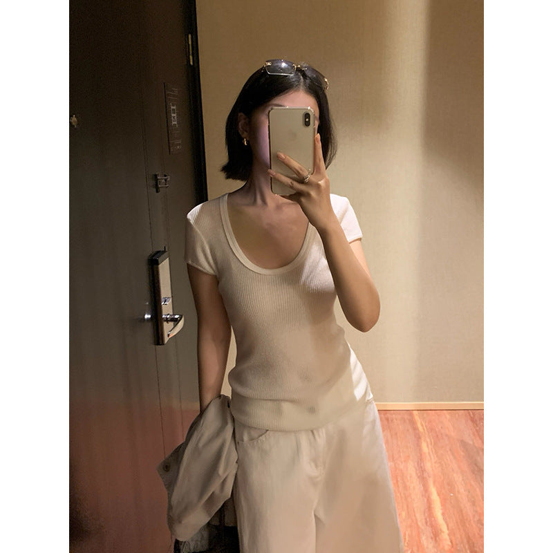 Linen U-neck Short Sleeve Knit Top R31132