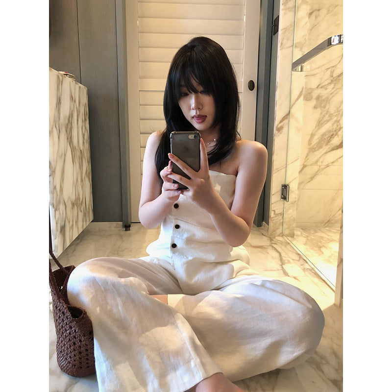 Linen Button Bandeau Top & Wide-Leg Pants Set R31160