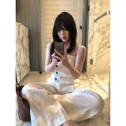 Linen Button Bandeau Top & Wide-Leg Pants Set R31160