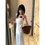 Linen Button Bandeau Top & Wide-Leg Pants Set R31160