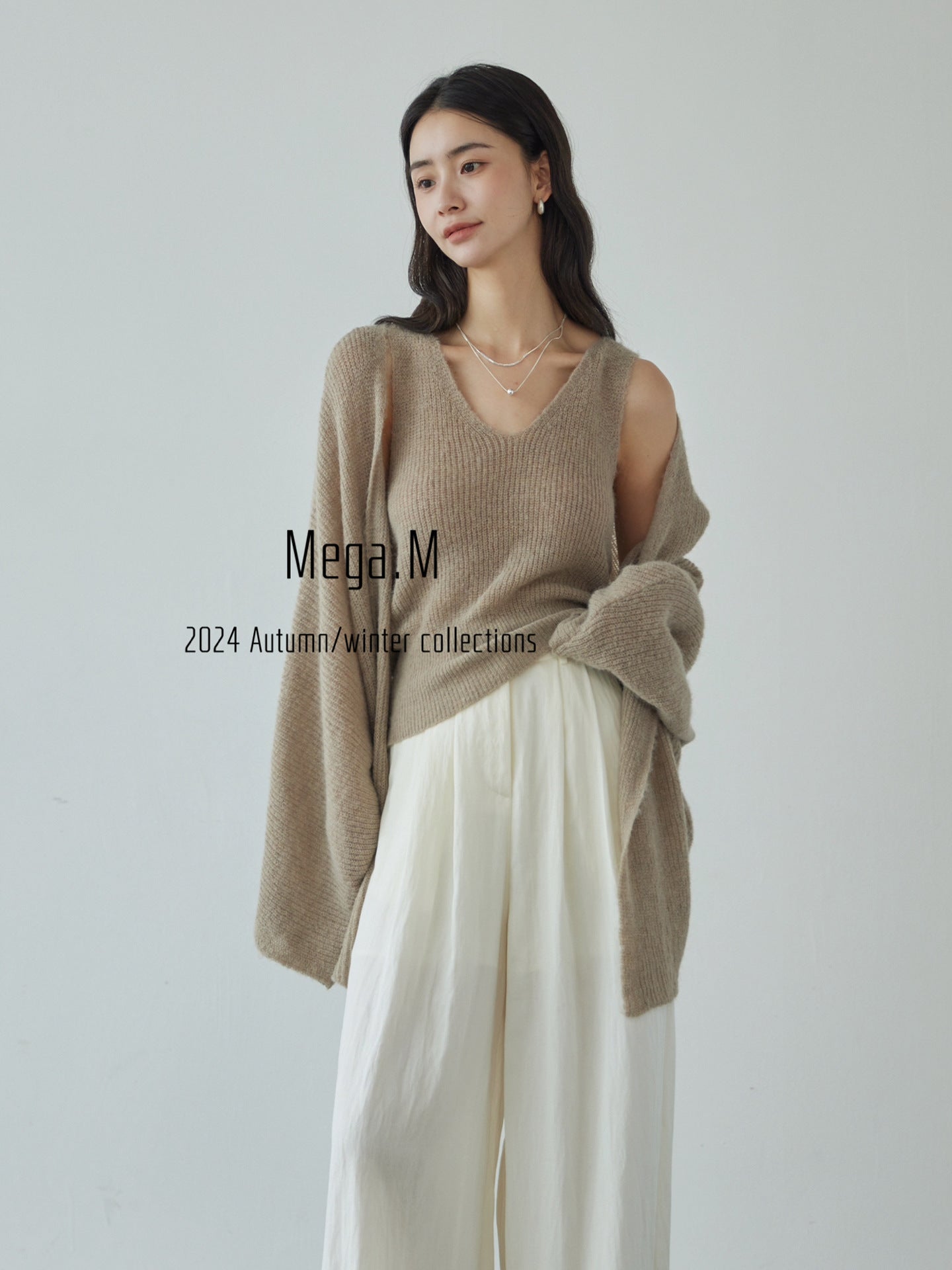 Mega. M Thirteen Lines Original Design Knitted Sweater Women's 2025 Autumn New Premium Thin Jacket Apricot Powder