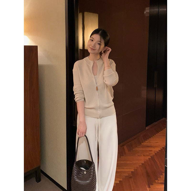 Ribbed Texture Stand Collar Zip Cardigan R31136