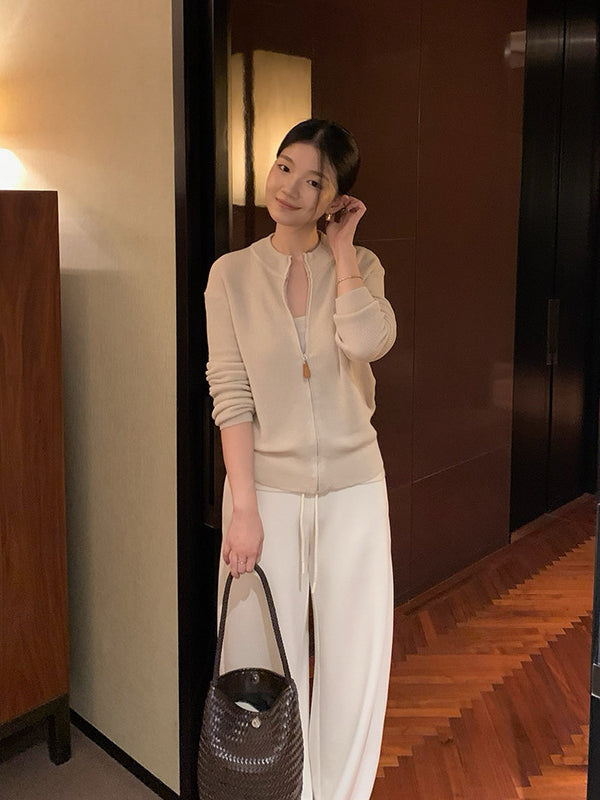 Ribbed Texture Stand Collar Zip Cardigan R31136