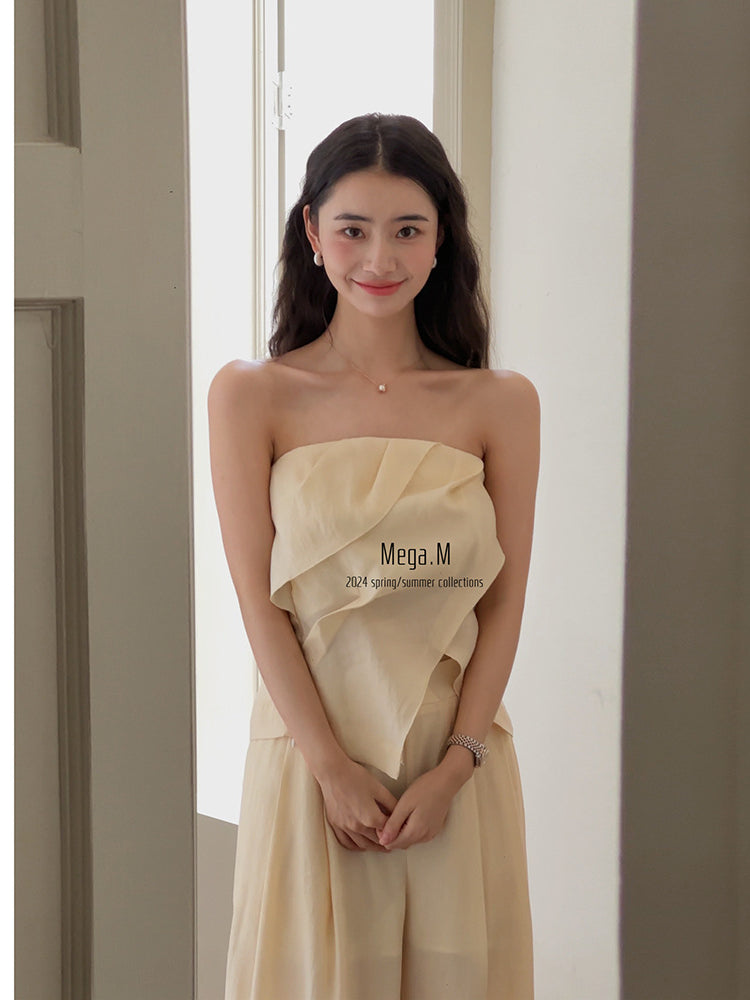 Mega. M Thirteen lines, minimalist design sense irregular pleated top lazy sense vertical wide-leg pants set