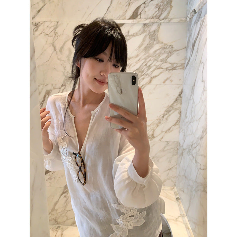 Embroidered Beaded V-neck Linen Top R31102