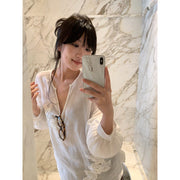 Embroidered Beaded V-neck Linen Top R31102