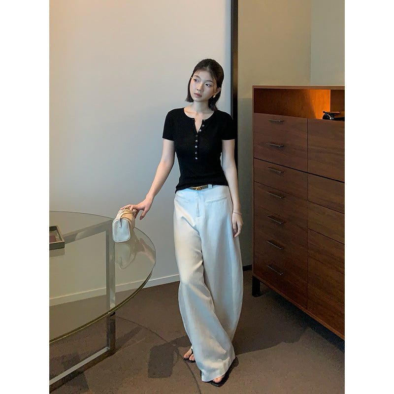 Henley Neck Short Sleeve Knit Top R31147