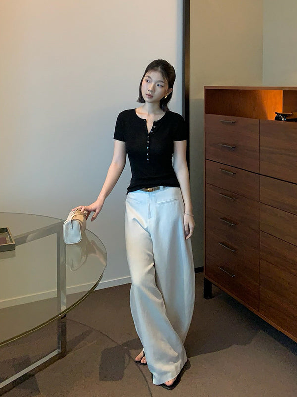 Henley Neck Short Sleeve Knit Top R31147