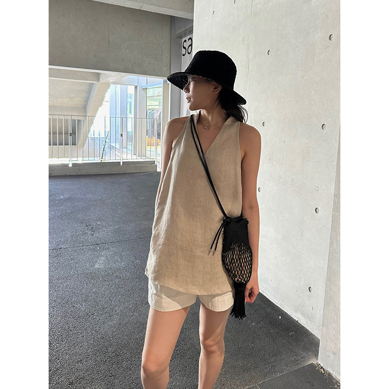 Linen V-neck Sleeveless Top R31110