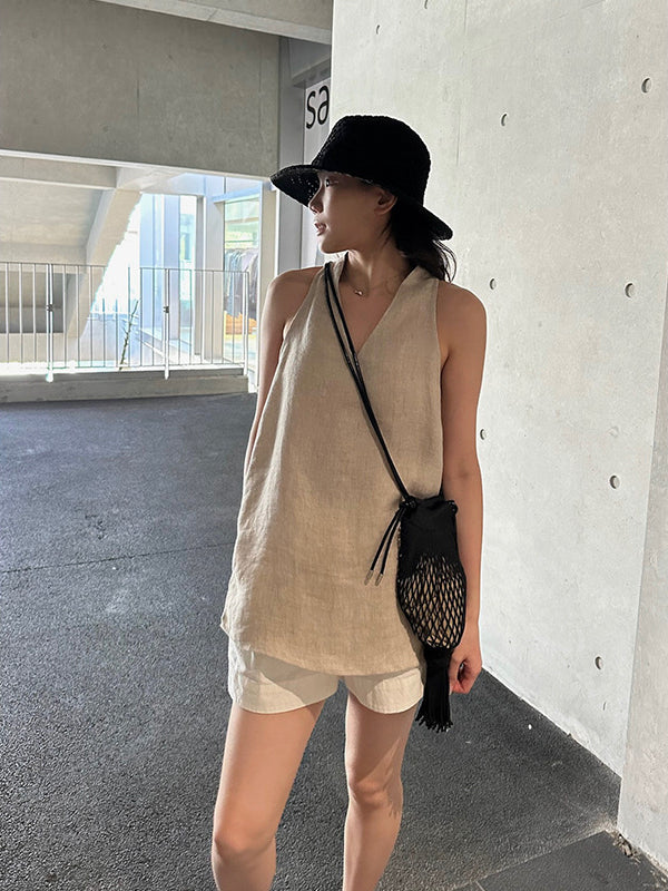 Linen V-neck Sleeveless Top R31110
