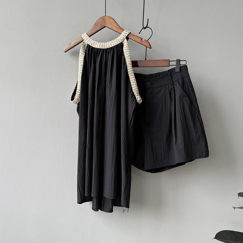 Crew Neck Pleated Shirt Shorts Set RH012989