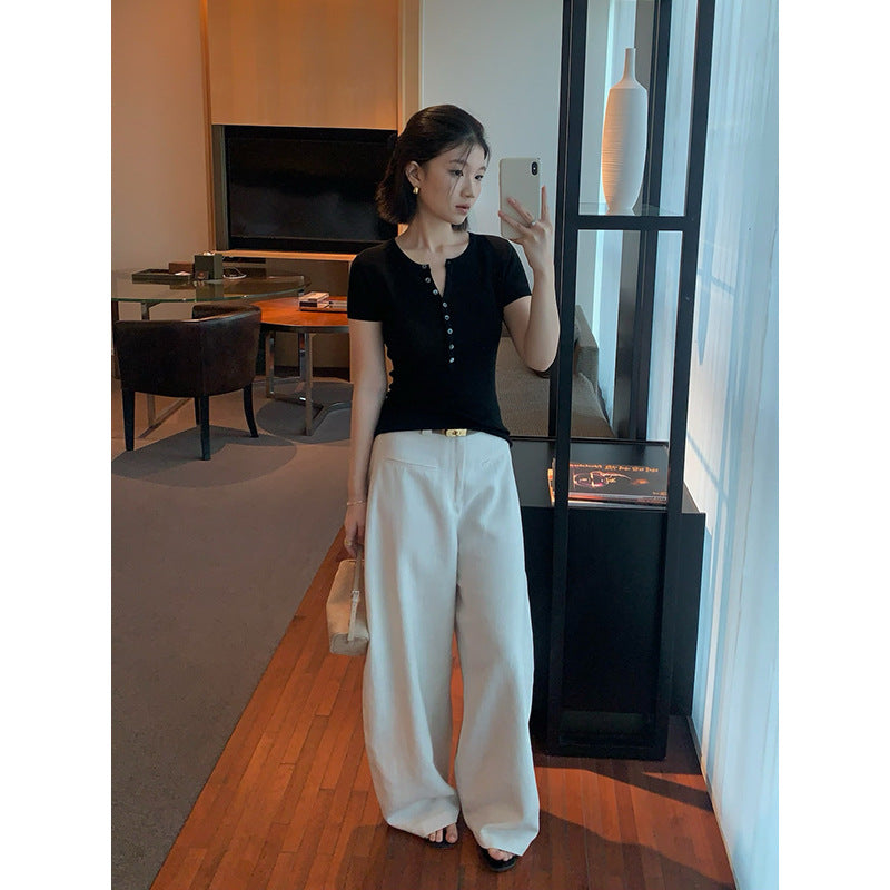 Henley Neck Short Sleeve Knit Top R31147