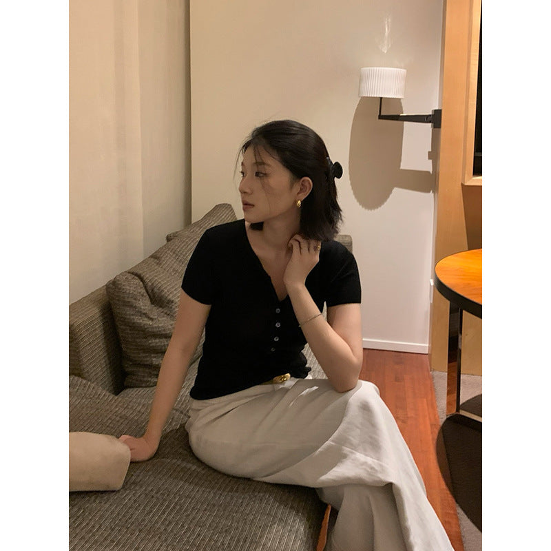 Henley Neck Short Sleeve Knit Top R31147