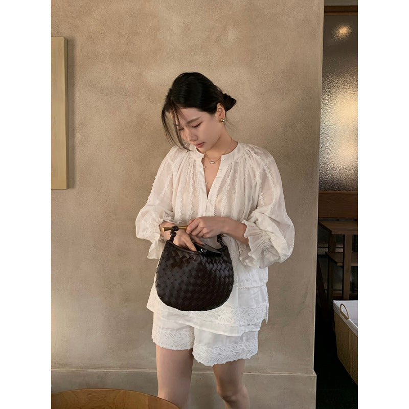 Lace Flare Sleeve Ramie Top & Shorts Set R31142