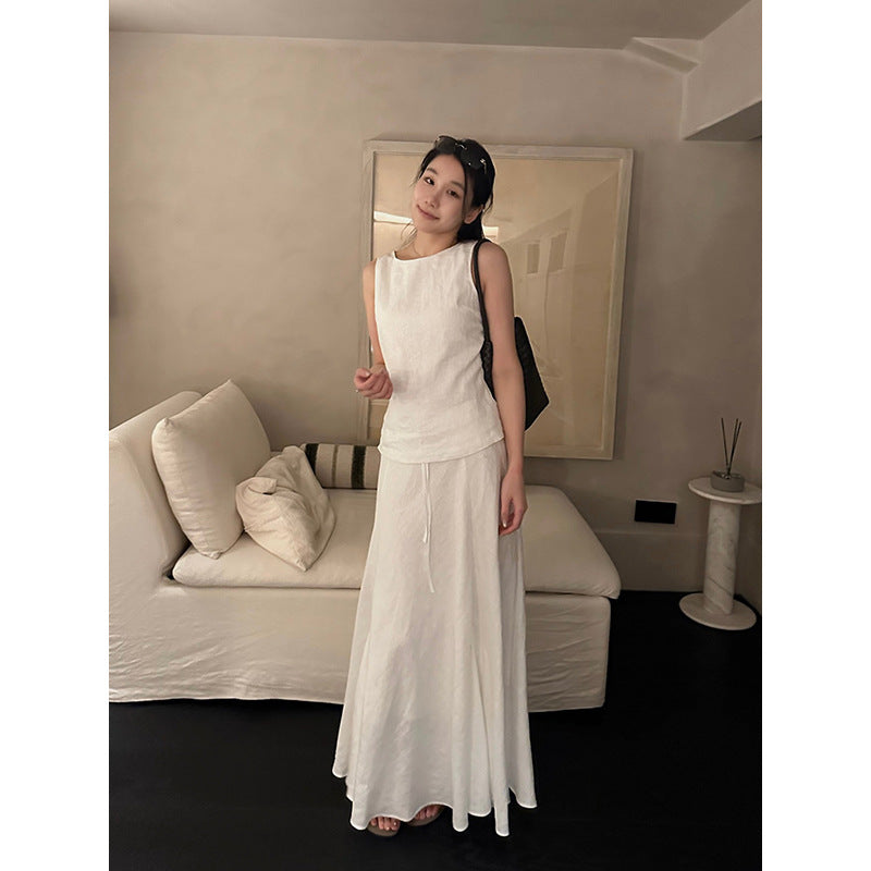 Linen Sleeveless Top & Pleated Skirt Set R31103