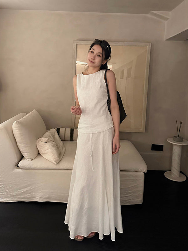Linen Sleeveless Top & Pleated Skirt Set R31103