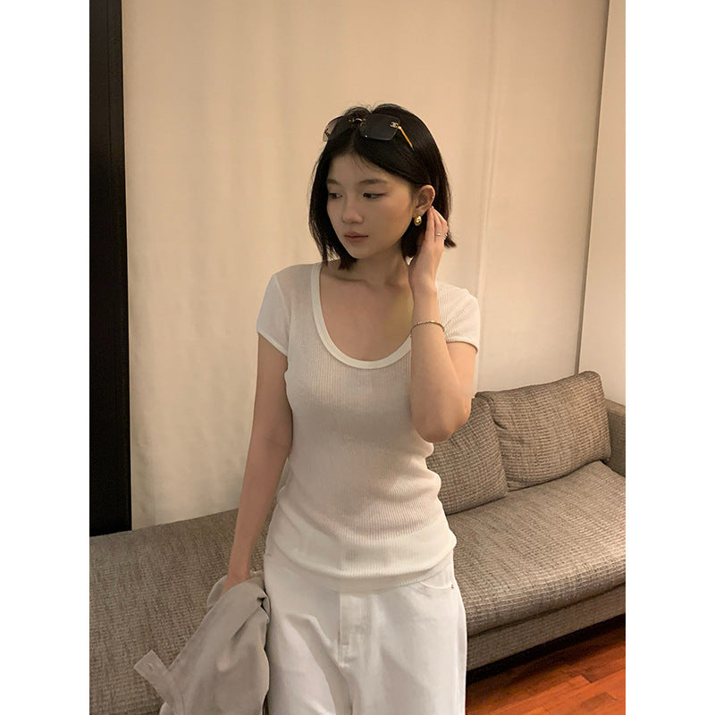Linen U-neck Short Sleeve Knit Top R31132