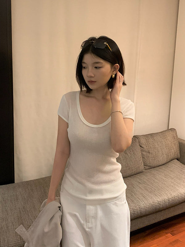 Linen U-neck Short Sleeve Knit Top R31132