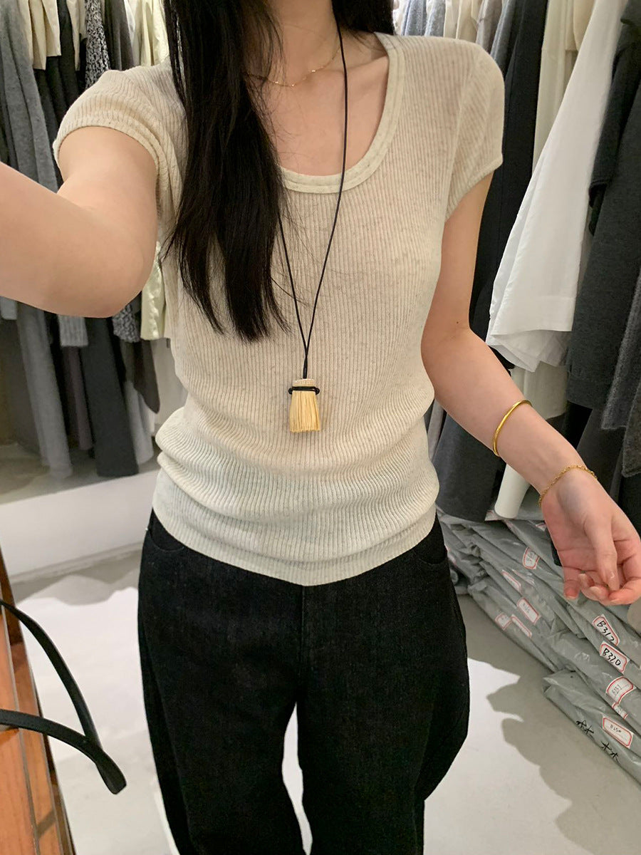 Linen U-neck Short Sleeve Knit Top R31132