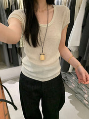 Linen U-neck Short Sleeve Knit Top R31132