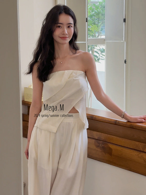 Mega. M Thirteen lines, minimalist design sense irregular pleated top lazy sense vertical wide-leg pants set