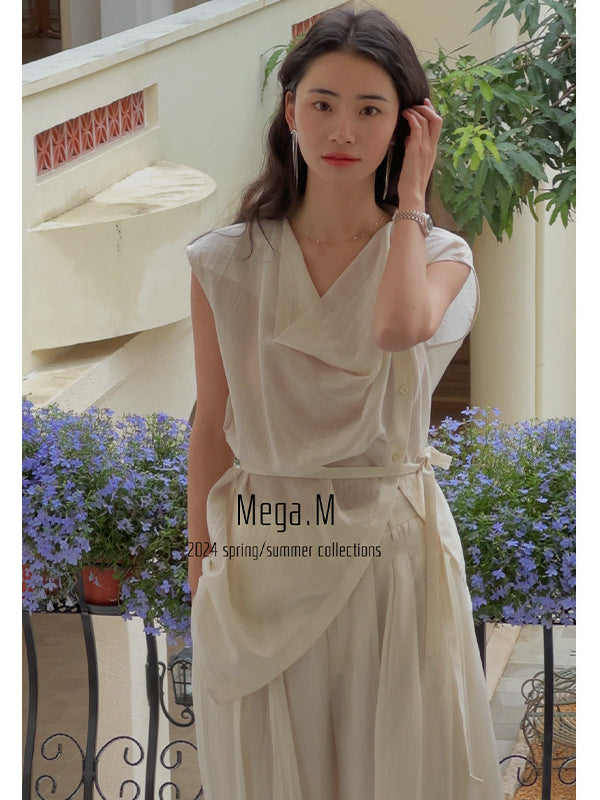 Mega. M Thirteen Lines 2025 French Old Money Wind Lazy Sense Loose Sleeveless Two-piece Wide Leg Pants Suit Women