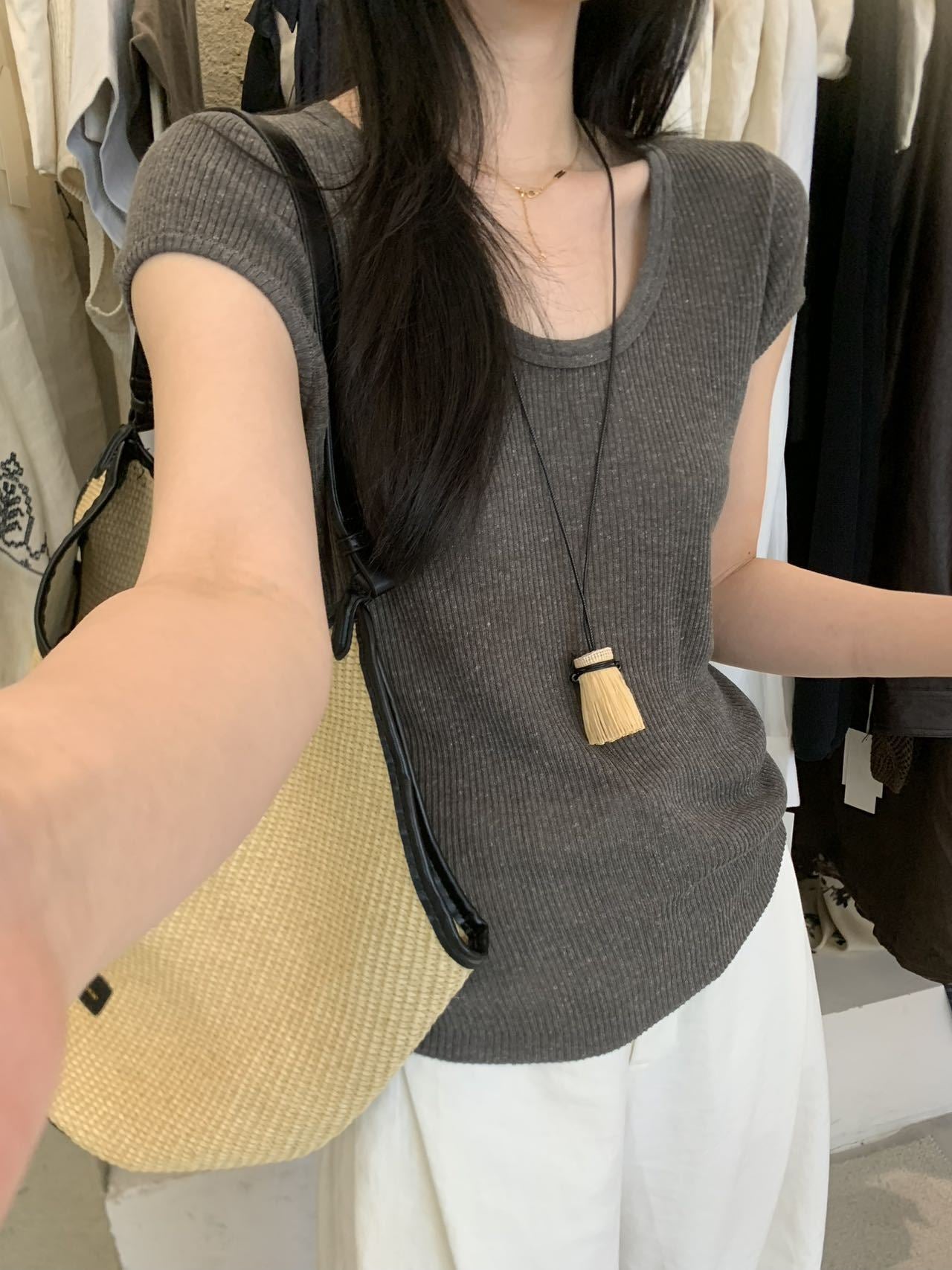 Linen U-neck Short Sleeve Knit Top R31132