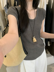 Linen U-neck Short Sleeve Knit Top R31132