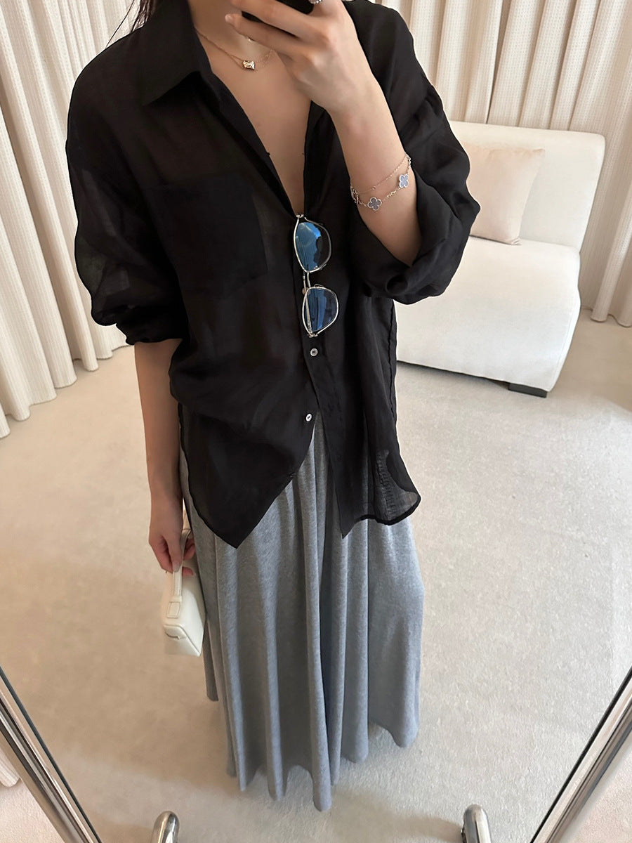 Ramie Lapel Long Sleeve Shirt R31153