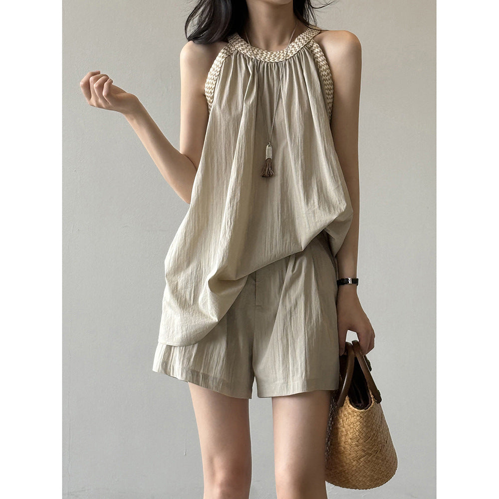 Crew Neck Pleated Shirt Shorts Set RH012989