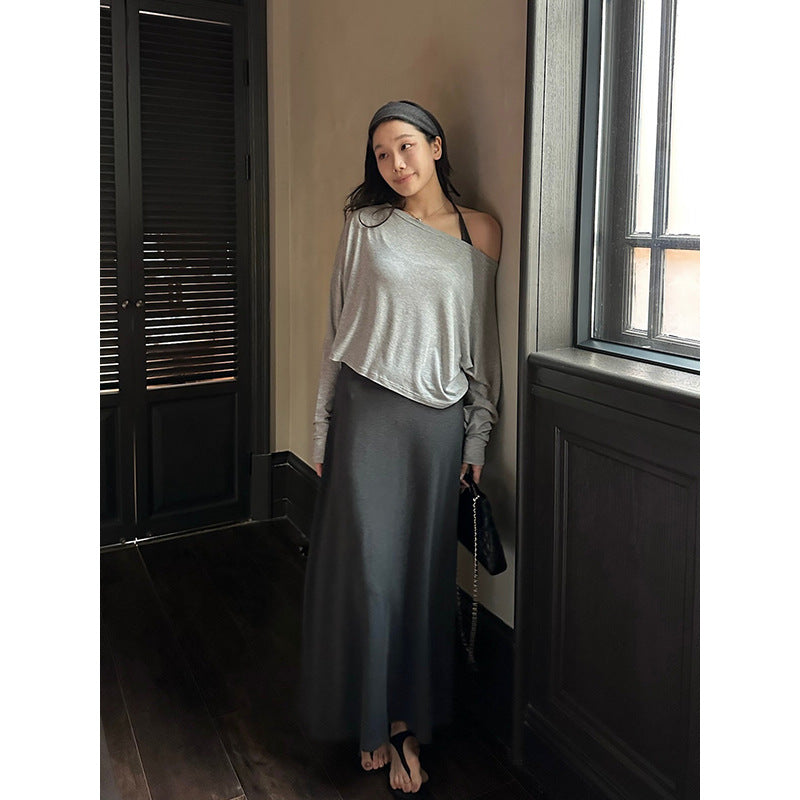 Asymmetrical Long Sleeve Top & Slip Dress Set R31181