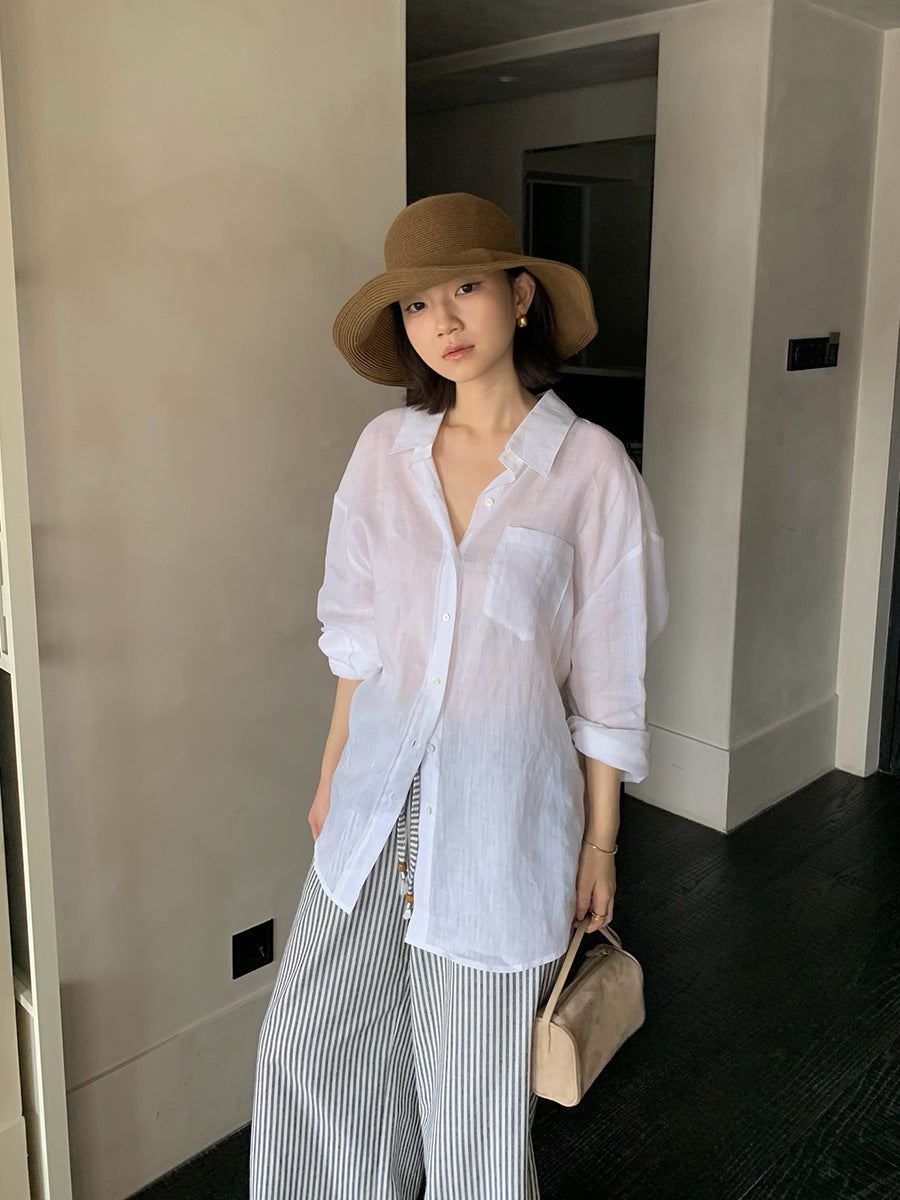 Ramie Lapel Long Sleeve Shirt R31153