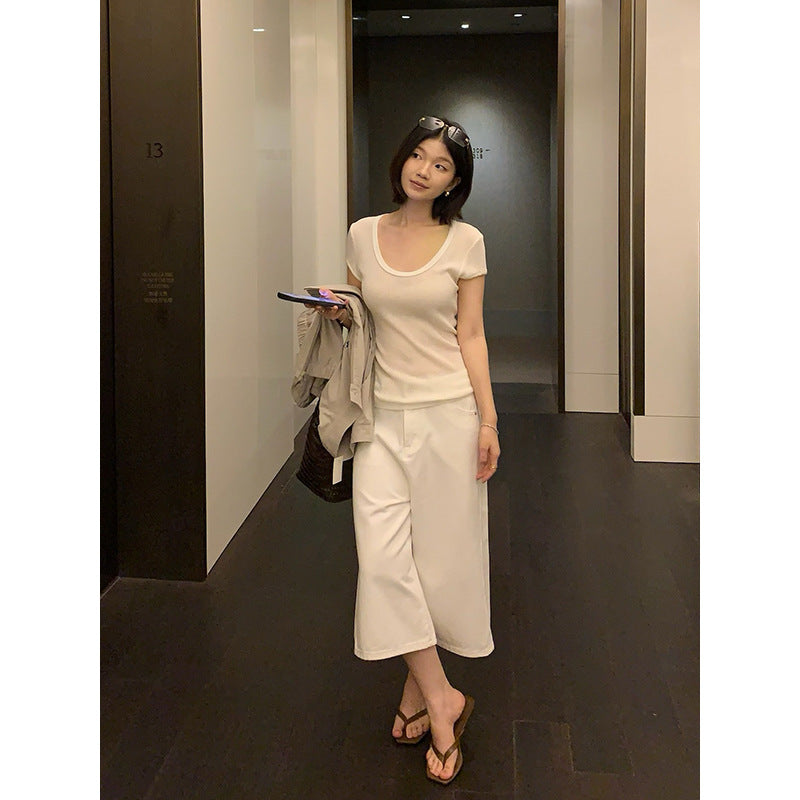 Linen U-neck Short Sleeve Knit Top R31132