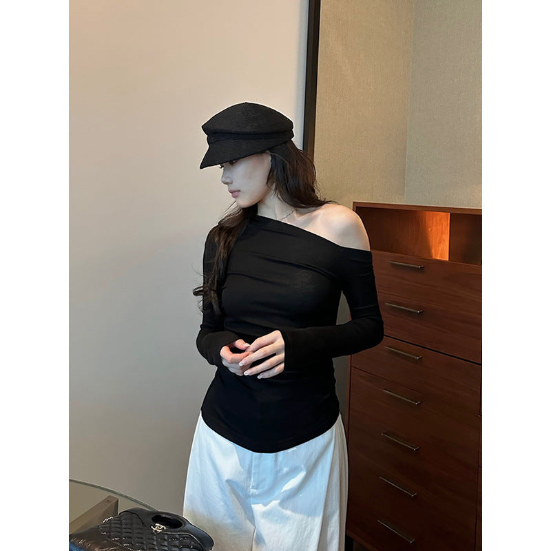 Diagonal Neck Long Sleeve T-shirt R31148